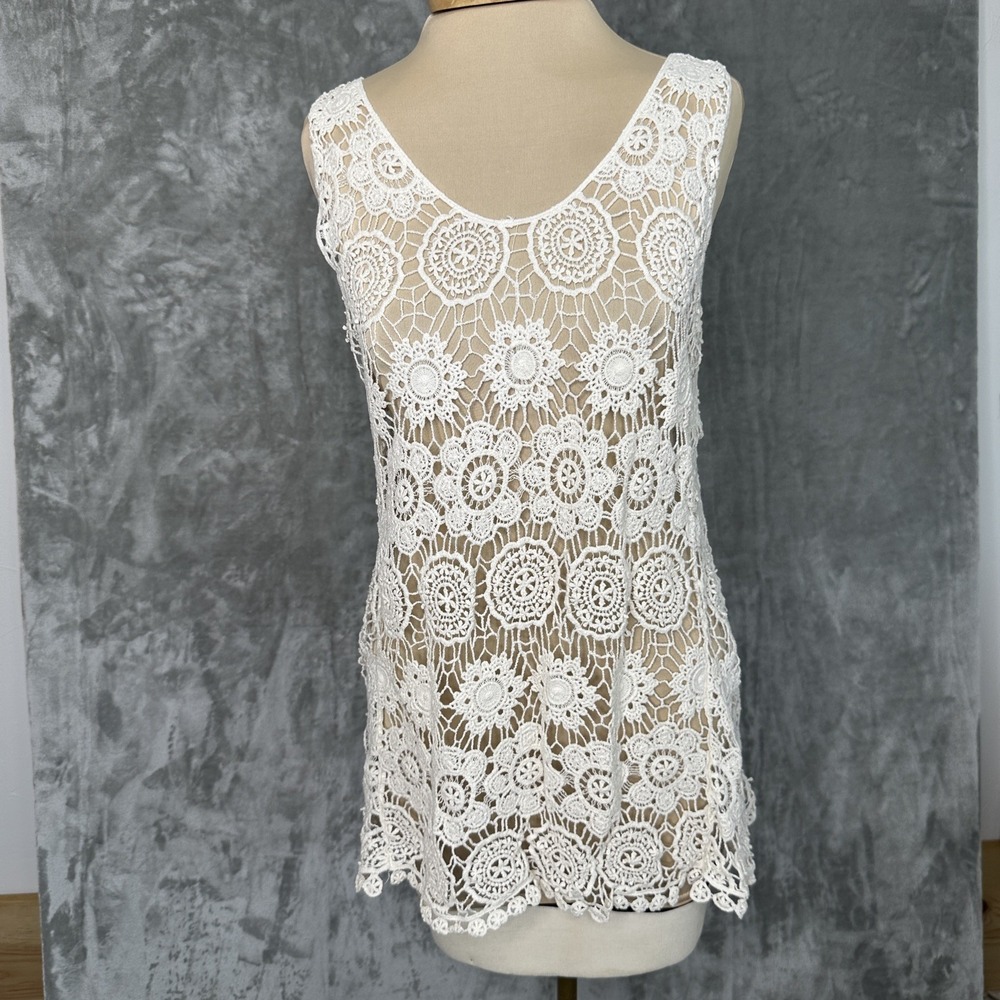 Solitaire Women's Crochet Lace Tank Sleeveless Top‎ S Beige Cottagecore  Dainty